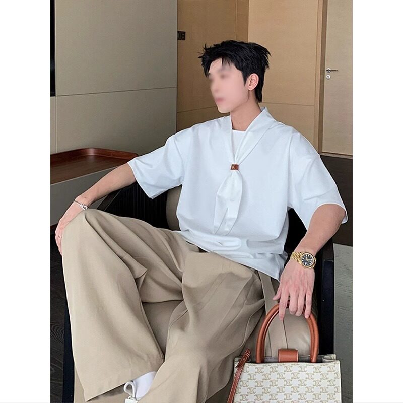 白色丝巾领带短袖T恤男款夏季韩系小众高级感半袖宽松休闲上衣