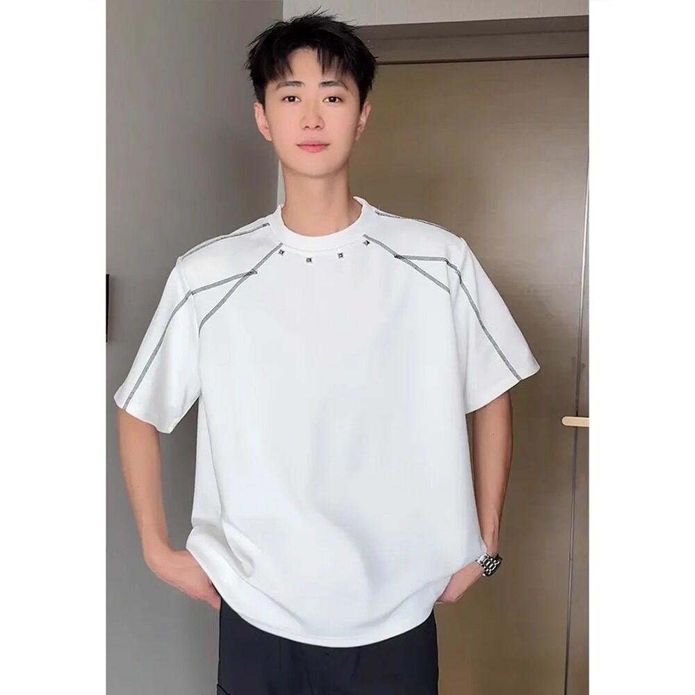 白色铆钉垫肩明线解构短袖t恤男夏季潮牌美式高级感痞帅五分半袖