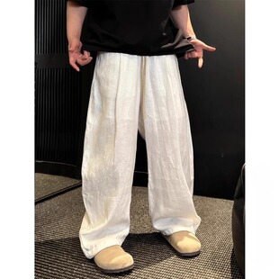 老钱风米白色亚麻休闲裤男2025夏季新款宽松阔腿直筒弯刀长裤子