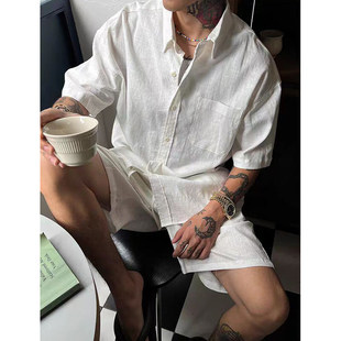 轻奢亚麻休闲套装男士2025年新款夏季老钱风衬衫短袖短裤两件套潮