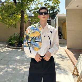 韩版油画白衬衫男款夏季轻奢高级感宽松休闲百搭半袖衬衣情侣上衣