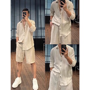 2025夏季时尚潮流轻奢休闲男款套装韩系亚麻衬衫短裤帅气两件套潮