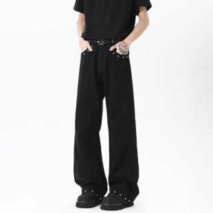 25年新款铆钉微喇黑色牛仔裤男款夏季潮牌显瘦百搭阔腿直筒长裤子