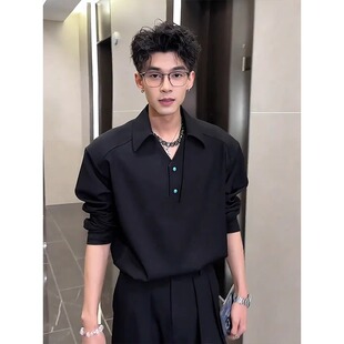 2025新款绿松石假两件垫肩polo衫男款痞帅高级感百搭长袖防晒衬衣