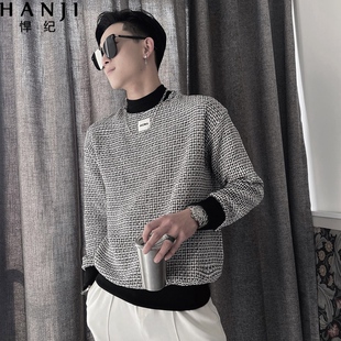 男士卫衣春秋季潮牌ins痞帅格子圆领长袖高级感炸街男装外套上衣