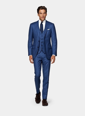 奥莱SUITSUPPLY中蓝色S120支羊毛法兰绒格纹男士西装三件套