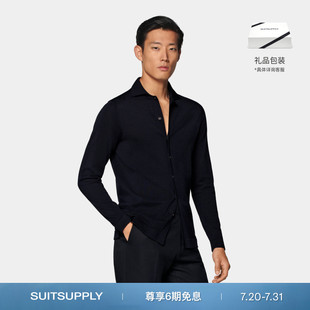 SUITSUPPLY夏藏青色Polo开襟衫 棉桑蚕丝混纺休闲 男士 长袖
