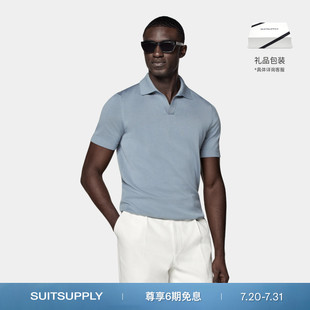 SUITSUPPLY夏浅蓝色短袖 纯色棉桑蚕丝混纺无扣 Polo衫 男士