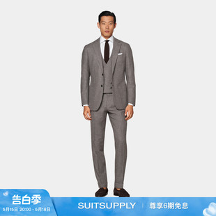 西装 男士 三件套 SUITSUPPLY西服灰褐色羊毛羊绒混纺千鸟格纹修身