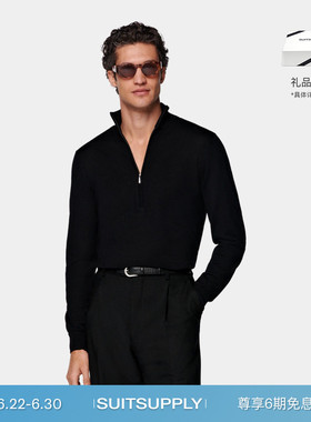 26夏季新品SUITSUPPLY黑色羊毛男士半拉链开衫