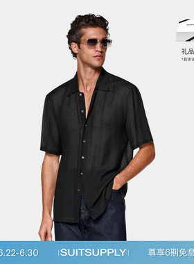 26夏季新品SUITSUPPLY黑色亚麻混纺短袖衬衫