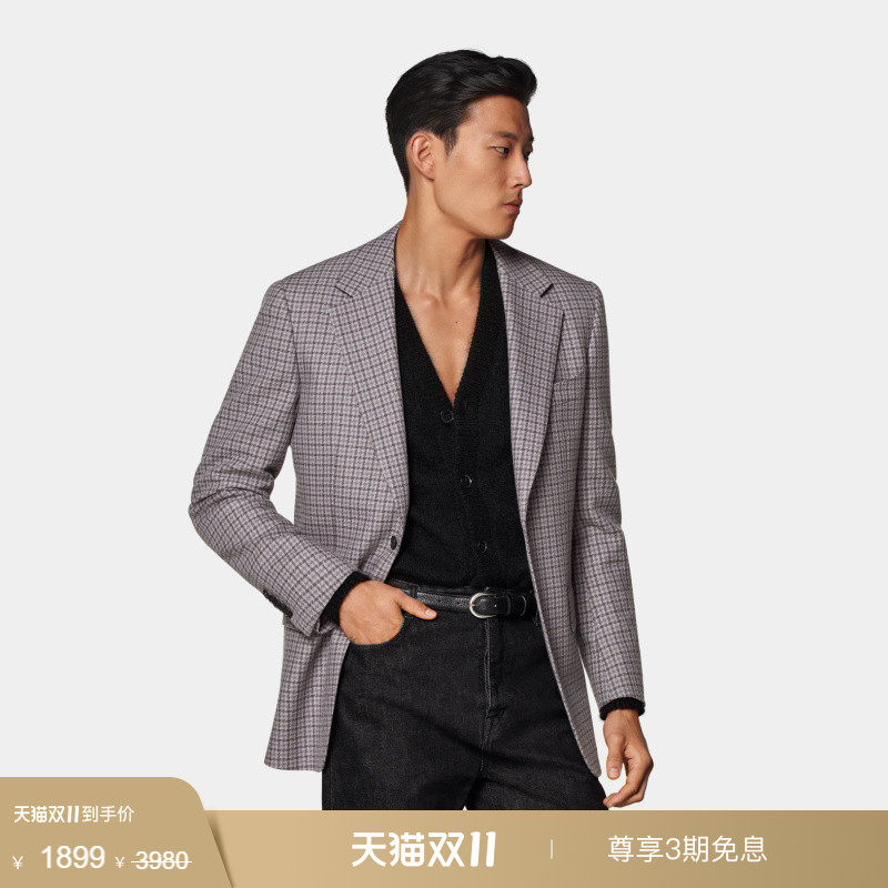 奥莱SUITSUPPLY西服外套灰褐色羊毛格纹男士西装上衣休闲