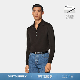 25夏新款 SUITSUPPLY深棕色棉桑蚕丝混纺长袖 纽扣商务男士 Polo衫