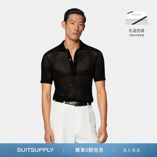 25夏新款 SUITSUPPLY黑色棉桑蚕丝混纺钩针编织男士 短袖 Polo衫