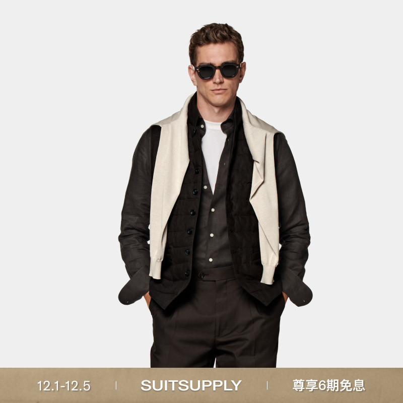 Suitsupply深棕色亚麻羽绒马甲