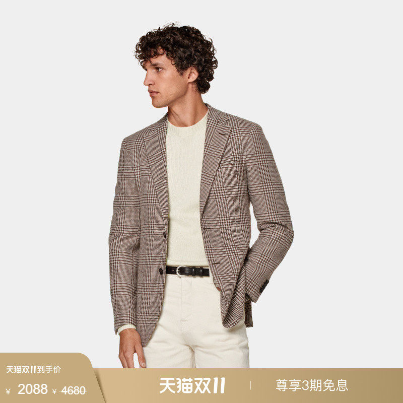 奥莱SUITSUPPLY西服外套中棕色羊毛羊驼毛混纺格纹男士西装上衣