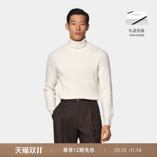 SUITSUPPLY米白色美利奴羊毛男士 毛衣 罗纹高领针织衫