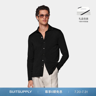 25夏新款 SUITSUPPLY黑色棉混纺男士 长袖 Polo开襟衫