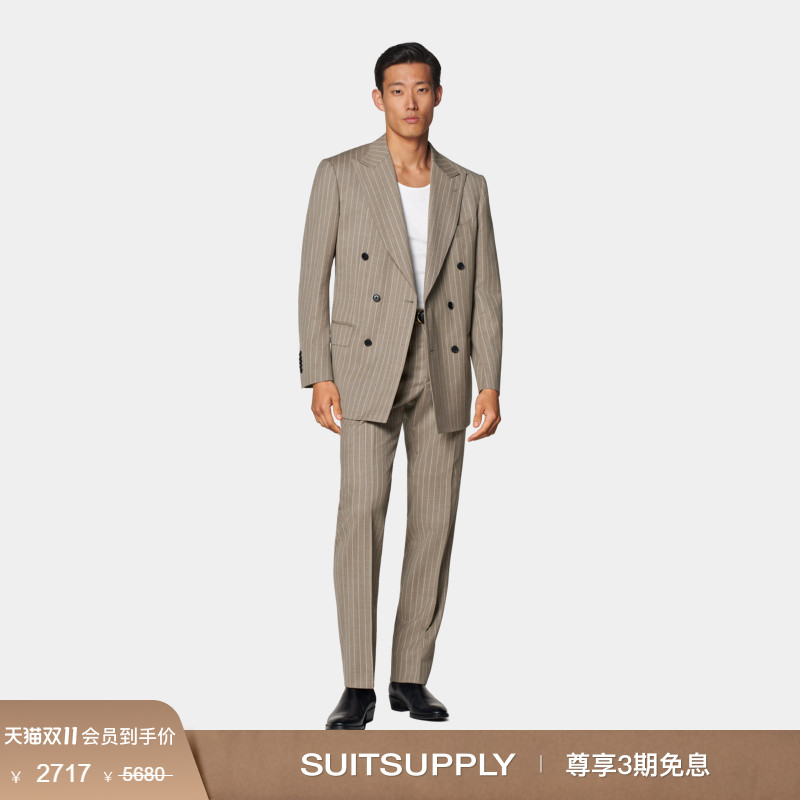 奥莱SUITSUPPLY西服砂砾色羊毛合体男士条纹双排扣西装套装休闲