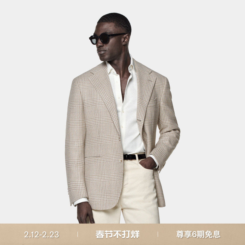 SUITSUPPLY外套砂砾色羊毛混纺男士格纹西装上衣休闲