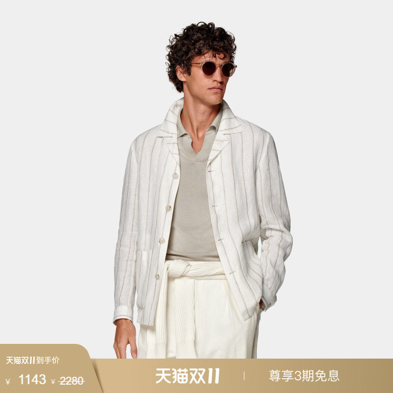 奥莱SUITSUPPLY浅棕色条纹亚麻衬衫式夹克休闲男士外套