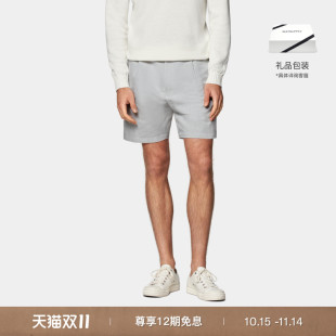 SUITSUPPLY秋浅灰色棉亚麻混纺锥型阔腿男士 褶裥短裤