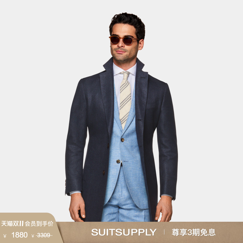 奥莱SUITSUPPLY-藏青色羊毛混纺商务休闲男士大衣外套