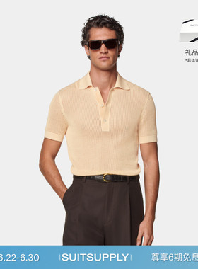 SUITSUPPLY浅黄色棉桑蚕丝混纺编织短袖Polo衫