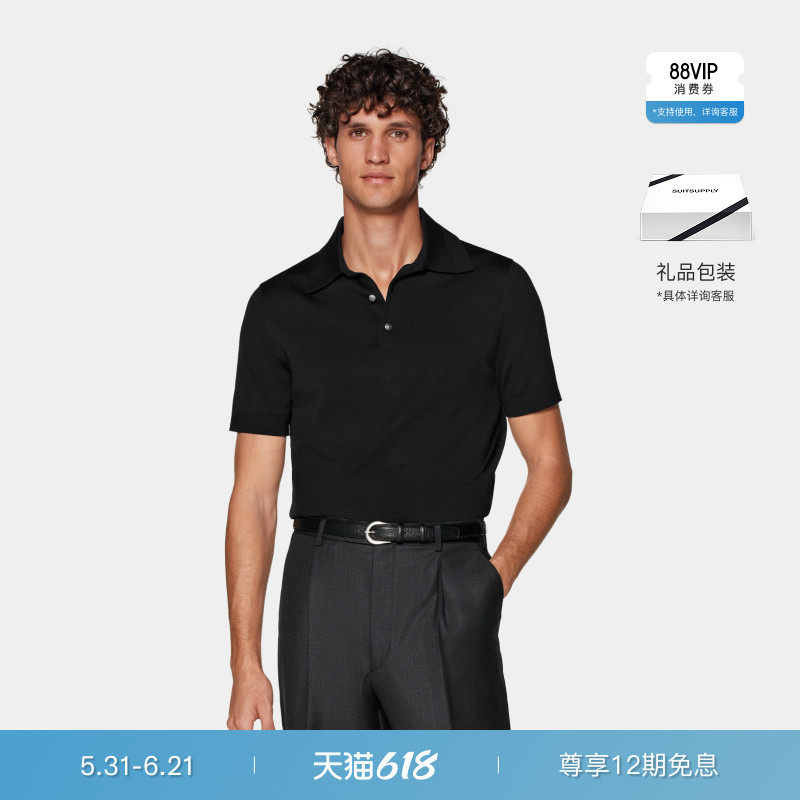 SUITSUPPLY黑色polo衫短袖棉桑蚕丝混纺纽扣男士