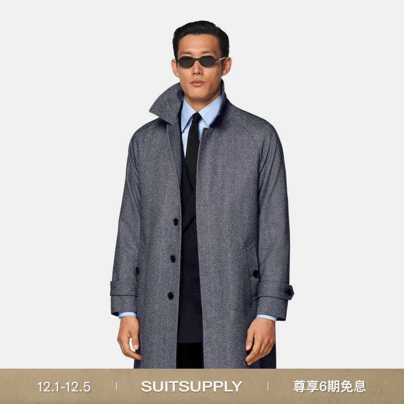 25秋冬新品SUITSUPPLY-藏蓝色羊毛人字纹宽松插肩袖大衣外套