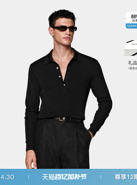 26春夏新品SUITSUPPLY黑色棉混纺罗纹长袖 Polo针织衫
