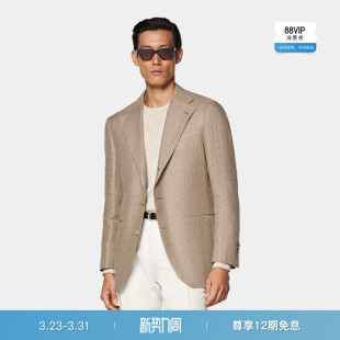 SUITSUPPLY中棕色亚麻混纺慵懒男犬牙格纹西装 上衣