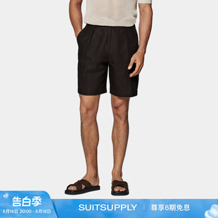 褶裥休闲短裤 SUITSUPPLY深棕色亚麻宽松男士 夏季