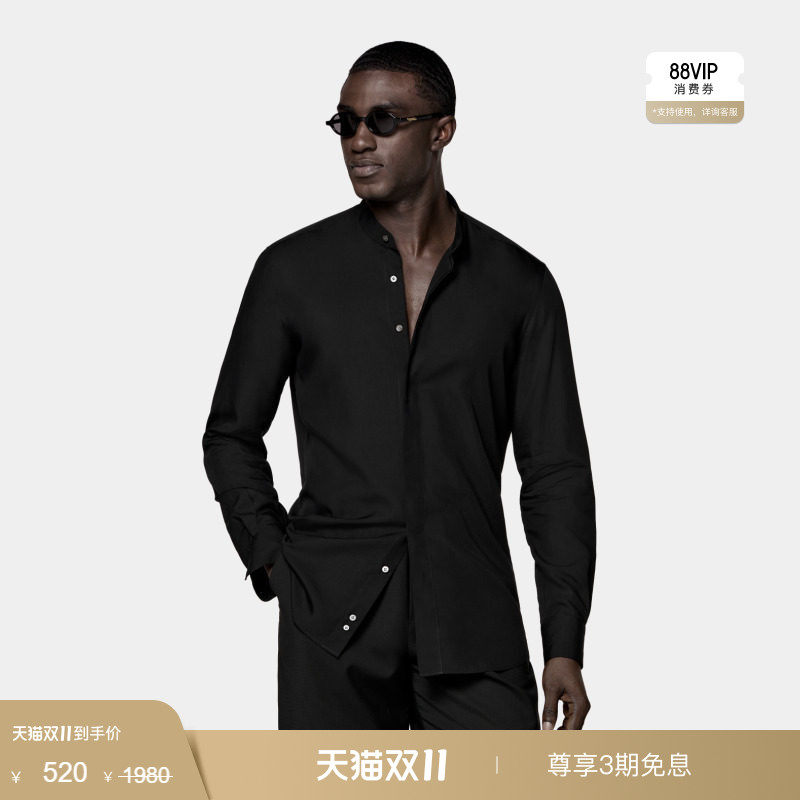 奥莱SUITSUPPLY黑色莱赛尔桑蚕丝混纺时尚休闲衬衫
