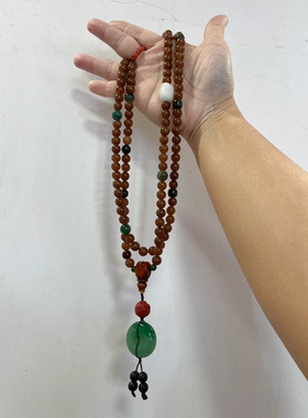 原创设计天然和田玉且末老糖玉108颗念珠平安扣吊坠项链多圈手串