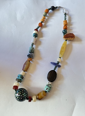 原创设计藏式天然大漆珠绿松南红玛瑙蜜蜡多宝项链锁骨链