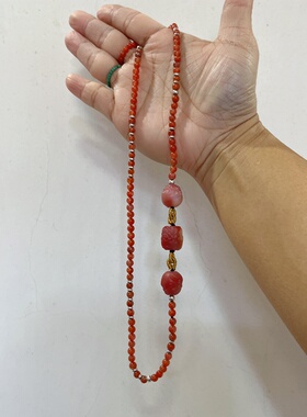 新中式国风原创天然保山南红玛瑙盐源貔貅桶珠老银项链多圈手串