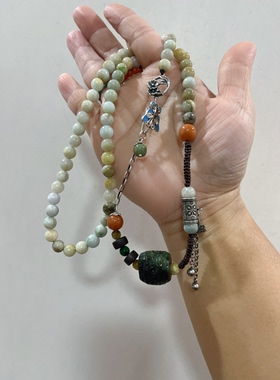 新中式国风原创天然翡翠桶珠珠串老银多宝项链锁骨链毛衣链