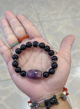 新中式国风原创设计天然紫黄晶桶珠和田玉墨玉老银珠串手串手链