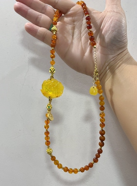 新中式国风原创设计天然金珀花牌吊坠金绞蜜血珀多宝锁骨链项链