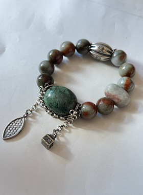 新中式国风原创设计天然翡翠珠串绿松石复古老银链万能扣手串手链