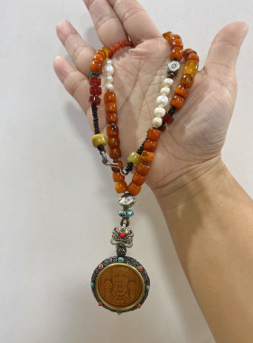 原创设计藏式编绳天然老蜜蜡珍珠朱砂西玛扎吉拉姆吊坠多宝项链