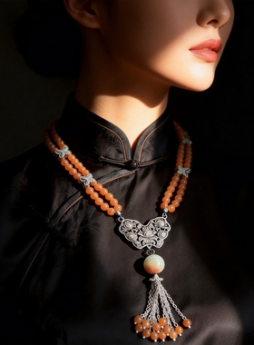 新中式国风原创天然南红玛瑙复古银锁翡翠流苏毛衣链项链