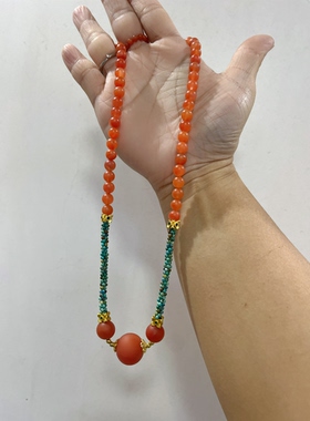 新中式国风原创设计天然保山南红大圆珠吊坠珠绿松石玉米结项链