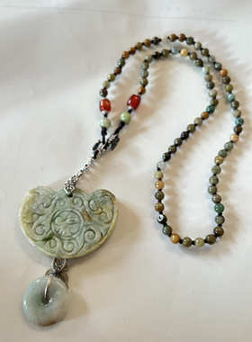 新中式国风原创天然翡翠复古锁牌平安扣珠串老银项链锁骨链毛衣链