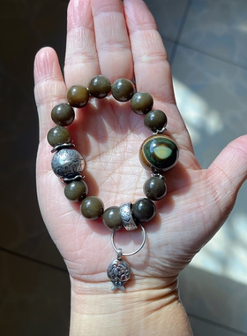 新中式国风原创设计天然和田玉新疆且末麻糖青玉天眼缠丝玛瑙手串