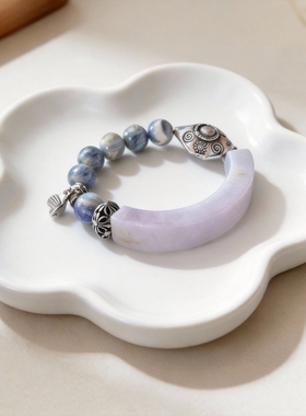 新中式国风原创天然翡翠半镯蓝晶石水晶珠串老银珠手串手链女款