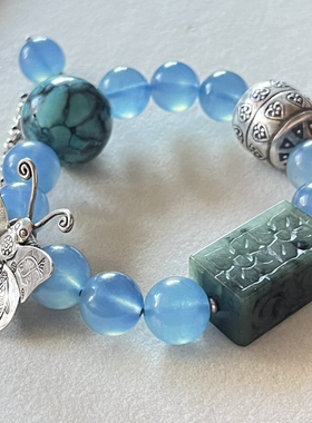 新中式国风原创天然海蓝宝水晶珠串绿松石翡翠复古老银手串手链女