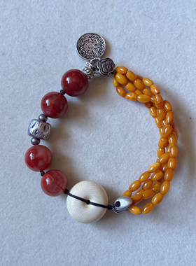 新中式国风原创天然南红玛瑙川料紫底火焰蜜蜡平安扣多宝手串手链