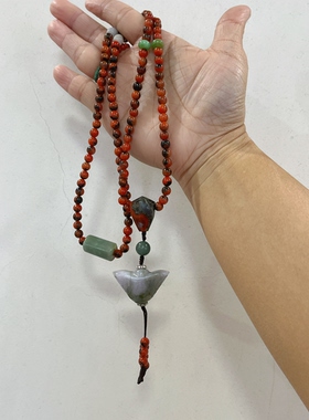 原创设计天然保山南红铁皮包浆108颗翡翠桶珠串珠念珠长款毛衣链